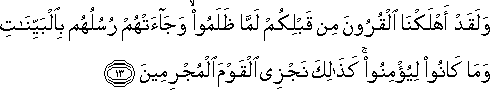 وَلَقَدْ أَهْلَكْنَا الْقُرُونَ مِنْ قَبْلِكُمْ لَمَّا ظَلَمُوا ۙ وَجَاءَتْهُمْ رُسُلُهُمْ بِالْبَيِّنَاتِ وَمَا كَانُوا لِيُؤْمِنُوا ۚ كَذَٰلِكَ نَجْزِي الْقَوْمَ الْمُجْرِمِينَ