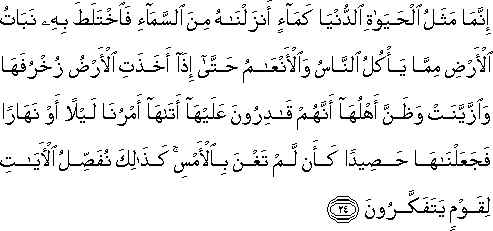 إِنَّمَا مَثَلُ الْحَيَاةِ الدُّنْيَا كَمَاءٍ أَنْزَلْنَاهُ مِنَ السَّمَاءِ فَاخْتَلَطَ بِهِ نَبَاتُ الْأَرْضِ مِمَّا يَأْكُلُ النَّاسُ وَالْأَنْعَامُ حَتَّىٰ إِذَا أَخَذَتِ الْأَرْضُ زُخْرُفَهَا وَازَّيَّنَتْ وَظَنَّ أَهْلُهَا أَنَّهُمْ قَادِرُونَ عَلَيْهَا أَتَاهَا أَمْرُنَا لَيْلًا أَوْ نَهَارًا فَجَعَلْنَاهَا حَصِيدًا كَأَنْ لَمْ تَغْنَ بِالْأَمْسِ ۚ كَذَٰلِكَ نُفَصِّلُ الْآيَاتِ لِقَوْمٍ يَتَفَكَّرُونَ