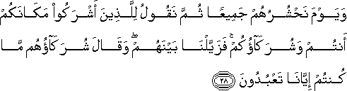 وَيَوْمَ نَحْشُرُهُمْ جَمِيعًا ثُمَّ نَقُولُ لِلَّذِينَ أَشْرَكُوا مَكَانَكُمْ أَنْتُمْ وَشُرَكَاؤُكُمْ ۚ فَزَيَّلْنَا بَيْنَهُمْ ۖ وَقَالَ شُرَكَاؤُهُمْ مَا كُنْتُمْ إِيَّانَا تَعْبُدُونَ