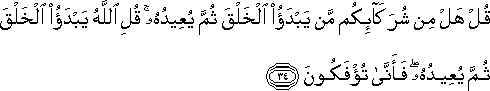 قُلْ هَلْ مِنْ شُرَكَائِكُمْ مَنْ يَبْدَأُ الْخَلْقَ ثُمَّ يُعِيدُهُ ۚ قُلِ اللَّهُ يَبْدَأُ الْخَلْقَ ثُمَّ يُعِيدُهُ ۖ فَأَنَّىٰ تُؤْفَكُونَ