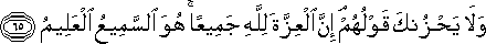 وَلَا يَحْزُنْكَ قَوْلُهُمْ ۘ إِنَّ الْعِزَّةَ لِلَّهِ جَمِيعًا ۚ هُوَ السَّمِيعُ الْعَلِيمُ