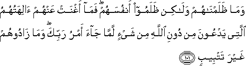 وَمَا ظَلَمْنَاهُمْ وَلَٰكِنْ ظَلَمُوا أَنْفُسَهُمْ ۖ فَمَا أَغْنَتْ عَنْهُمْ آلِهَتُهُمُ الَّتِي يَدْعُونَ مِنْ دُونِ اللَّهِ مِنْ شَيْءٍ لَمَّا جَاءَ أَمْرُ رَبِّكَ ۖ وَمَا زَادُوهُمْ غَيْرَ تَتْبِيبٍ