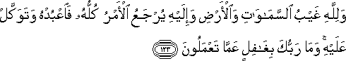 وَلِلَّهِ غَيْبُ السَّمَاوَاتِ وَالْأَرْضِ وَإِلَيْهِ يُرْجَعُ الْأَمْرُ كُلُّهُ فَاعْبُدْهُ وَتَوَكَّلْ عَلَيْهِ ۚ وَمَا رَبُّكَ بِغَافِلٍ عَمَّا تَعْمَلُونَ