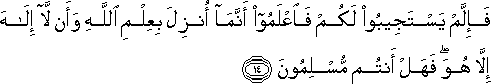 فَإِلَّمْ يَسْتَجِيبُوا لَكُمْ فَاعْلَمُوا أَنَّمَا أُنْزِلَ بِعِلْمِ اللَّهِ وَأَنْ لَا إِلَٰهَ إِلَّا هُوَ ۖ فَهَلْ أَنْتُمْ مُسْلِمُونَ