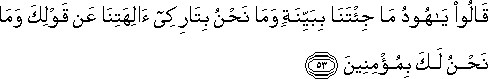 قَالُوا يَا هُودُ مَا جِئْتَنَا بِبَيِّنَةٍ وَمَا نَحْنُ بِتَارِكِي آلِهَتِنَا عَنْ قَوْلِكَ وَمَا نَحْنُ لَكَ بِمُؤْمِنِينَ