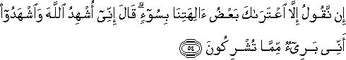 إِنْ نَقُولُ إِلَّا اعْتَرَاكَ بَعْضُ آلِهَتِنَا بِسُوءٍ ۗ قَالَ إِنِّي أُشْهِدُ اللَّهَ وَاشْهَدُوا أَنِّي بَرِيءٌ مِمَّا تُشْرِكُونَ