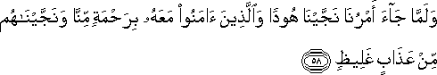 وَلَمَّا جَاءَ أَمْرُنَا نَجَّيْنَا هُودًا وَالَّذِينَ آمَنُوا مَعَهُ بِرَحْمَةٍ مِنَّا وَنَجَّيْنَاهُمْ مِنْ عَذَابٍ غَلِيظٍ