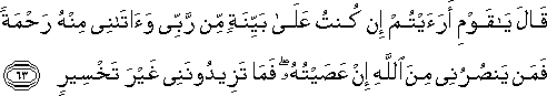 قَالَ يَا قَوْمِ أَرَأَيْتُمْ إِنْ كُنْتُ عَلَىٰ بَيِّنَةٍ مِنْ رَبِّي وَآتَانِي مِنْهُ رَحْمَةً فَمَنْ يَنْصُرُنِي مِنَ اللَّهِ إِنْ عَصَيْتُهُ ۖ فَمَا تَزِيدُونَنِي غَيْرَ تَخْسِيرٍ