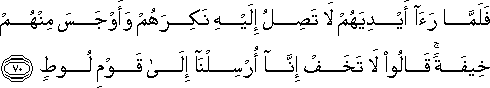 فَلَمَّا رَأَىٰ أَيْدِيَهُمْ لَا تَصِلُ إِلَيْهِ نَكِرَهُمْ وَأَوْجَسَ مِنْهُمْ خِيفَةً ۚ قَالُوا لَا تَخَفْ إِنَّا أُرْسِلْنَا إِلَىٰ قَوْمِ لُوطٍ