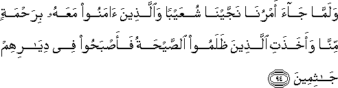 وَلَمَّا جَاءَ أَمْرُنَا نَجَّيْنَا شُعَيْبًا وَالَّذِينَ آمَنُوا مَعَهُ بِرَحْمَةٍ مِنَّا وَأَخَذَتِ الَّذِينَ ظَلَمُوا الصَّيْحَةُ فَأَصْبَحُوا فِي دِيَارِهِمْ جَاثِمِينَ