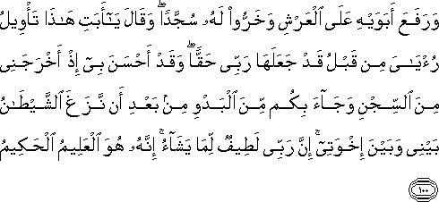 وَرَفَعَ أَبَوَيْهِ عَلَى الْعَرْشِ وَخَرُّوا لَهُ سُجَّدًا ۖ وَقَالَ يَا أَبَتِ هَٰذَا تَأْوِيلُ رُؤْيَايَ مِنْ قَبْلُ قَدْ جَعَلَهَا رَبِّي حَقًّا ۖ وَقَدْ أَحْسَنَ بِي إِذْ أَخْرَجَنِي مِنَ السِّجْنِ وَجَاءَ بِكُمْ مِنَ الْبَدْوِ مِنْ بَعْدِ أَنْ نَزَغَ الشَّيْطَانُ بَيْنِي وَبَيْنَ إِخْوَتِي ۚ إِنَّ رَبِّي لَطِيفٌ لِمَا يَشَاءُ ۚ إِنَّهُ هُوَ الْعَلِيمُ الْحَكِيمُ