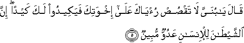 قَالَ يَا بُنَيَّ لَا تَقْصُصْ رُؤْيَاكَ عَلَىٰ إِخْوَتِكَ فَيَكِيدُوا لَكَ كَيْدًا ۖ إِنَّ الشَّيْطَانَ لِلْإِنْسَانِ عَدُوٌّ مُبِينٌ