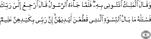 وَقَالَ الْمَلِكُ ائْتُونِي بِهِ ۖ فَلَمَّا جَاءَهُ الرَّسُولُ قَالَ ارْجِعْ إِلَىٰ رَبِّكَ فَاسْأَلْهُ مَا بَالُ النِّسْوَةِ اللَّاتِي قَطَّعْنَ أَيْدِيَهُنَّ ۚ إِنَّ رَبِّي بِكَيْدِهِنَّ عَلِيمٌ