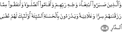 وَالَّذِينَ صَبَرُوا ابْتِغَاءَ وَجْهِ رَبِّهِمْ وَأَقَامُوا الصَّلَاةَ وَأَنْفَقُوا مِمَّا رَزَقْنَاهُمْ سِرًّا وَعَلَانِيَةً وَيَدْرَءُونَ بِالْحَسَنَةِ السَّيِّئَةَ أُولَٰئِكَ لَهُمْ عُقْبَى الدَّارِ