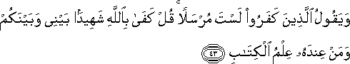 وَيَقُولُ الَّذِينَ كَفَرُوا لَسْتَ مُرْسَلًا ۚ قُلْ كَفَىٰ بِاللَّهِ شَهِيدًا بَيْنِي وَبَيْنَكُمْ وَمَنْ عِنْدَهُ عِلْمُ الْكِتَابِ