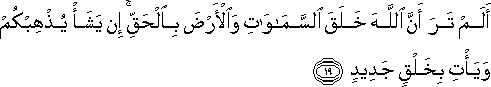 أَلَمْ تَرَ أَنَّ اللَّهَ خَلَقَ السَّمَاوَاتِ وَالْأَرْضَ بِالْحَقِّ ۚ إِنْ يَشَأْ يُذْهِبْكُمْ وَيَأْتِ بِخَلْقٍ جَدِيدٍ