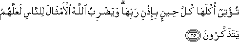 تُؤْتِي أُكُلَهَا كُلَّ حِينٍ بِإِذْنِ رَبِّهَا ۗ وَيَضْرِبُ اللَّهُ الْأَمْثَالَ لِلنَّاسِ لَعَلَّهُمْ يَتَذَكَّرُونَ