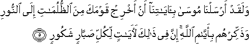 وَلَقَدْ أَرْسَلْنَا مُوسَىٰ بِآيَاتِنَا أَنْ أَخْرِجْ قَوْمَكَ مِنَ الظُّلُمَاتِ إِلَى النُّورِ وَذَكِّرْهُمْ بِأَيَّامِ اللَّهِ ۚ إِنَّ فِي ذَٰلِكَ لَآيَاتٍ لِكُلِّ صَبَّارٍ شَكُورٍ