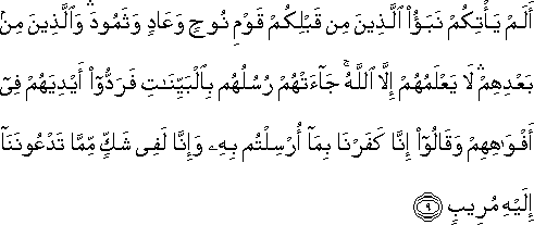 أَلَمْ يَأْتِكُمْ نَبَأُ الَّذِينَ مِنْ قَبْلِكُمْ قَوْمِ نُوحٍ وَعَادٍ وَثَمُودَ ۛ وَالَّذِينَ مِنْ بَعْدِهِمْ ۛ لَا يَعْلَمُهُمْ إِلَّا اللَّهُ ۚ جَاءَتْهُمْ رُسُلُهُمْ بِالْبَيِّنَاتِ فَرَدُّوا أَيْدِيَهُمْ فِي أَفْوَاهِهِمْ وَقَالُوا إِنَّا كَفَرْنَا بِمَا أُرْسِلْتُمْ بِهِ وَإِنَّا لَفِي شَكٍّ مِمَّا تَدْعُونَنَا إِلَيْهِ مُرِيبٍ