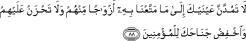 لَا تَمُدَّنَّ عَيْنَيْكَ إِلَىٰ مَا مَتَّعْنَا بِهِ أَزْوَاجًا مِنْهُمْ وَلَا تَحْزَنْ عَلَيْهِمْ وَاخْفِضْ جَنَاحَكَ لِلْمُؤْمِنِينَ