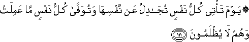 يَوْمَ تَأْتِي كُلُّ نَفْسٍ تُجَادِلُ عَنْ نَفْسِهَا وَتُوَفَّىٰ كُلُّ نَفْسٍ مَا عَمِلَتْ وَهُمْ لَا يُظْلَمُونَ