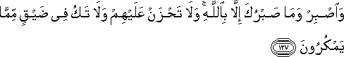 وَاصْبِرْ وَمَا صَبْرُكَ إِلَّا بِاللَّهِ ۚ وَلَا تَحْزَنْ عَلَيْهِمْ وَلَا تَكُ فِي ضَيْقٍ مِمَّا يَمْكُرُونَ