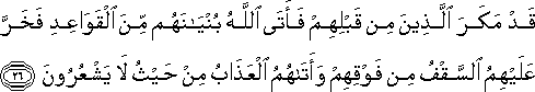 قَدْ مَكَرَ الَّذِينَ مِنْ قَبْلِهِمْ فَأَتَى اللَّهُ بُنْيَانَهُمْ مِنَ الْقَوَاعِدِ فَخَرَّ عَلَيْهِمُ السَّقْفُ مِنْ فَوْقِهِمْ وَأَتَاهُمُ الْعَذَابُ مِنْ حَيْثُ لَا يَشْعُرُونَ