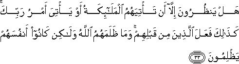 هَلْ يَنْظُرُونَ إِلَّا أَنْ تَأْتِيَهُمُ الْمَلَائِكَةُ أَوْ يَأْتِيَ أَمْرُ رَبِّكَ ۚ كَذَٰلِكَ فَعَلَ الَّذِينَ مِنْ قَبْلِهِمْ ۚ وَمَا ظَلَمَهُمُ اللَّهُ وَلَٰكِنْ كَانُوا أَنْفُسَهُمْ يَظْلِمُونَ