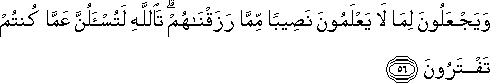 وَيَجْعَلُونَ لِمَا لَا يَعْلَمُونَ نَصِيبًا مِمَّا رَزَقْنَاهُمْ ۗ تَاللَّهِ لَتُسْأَلُنَّ عَمَّا كُنْتُمْ تَفْتَرُونَ