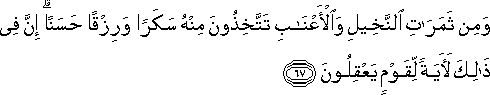 وَمِنْ ثَمَرَاتِ النَّخِيلِ وَالْأَعْنَابِ تَتَّخِذُونَ مِنْهُ سَكَرًا وَرِزْقًا حَسَنًا ۗ إِنَّ فِي ذَٰلِكَ لَآيَةً لِقَوْمٍ يَعْقِلُونَ