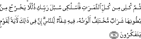 ثُمَّ كُلِي مِنْ كُلِّ الثَّمَرَاتِ فَاسْلُكِي سُبُلَ رَبِّكِ ذُلُلًا ۚ يَخْرُجُ مِنْ بُطُونِهَا شَرَابٌ مُخْتَلِفٌ أَلْوَانُهُ فِيهِ شِفَاءٌ لِلنَّاسِ ۗ إِنَّ فِي ذَٰلِكَ لَآيَةً لِقَوْمٍ يَتَفَكَّرُونَ