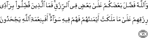 وَاللَّهُ فَضَّلَ بَعْضَكُمْ عَلَىٰ بَعْضٍ فِي الرِّزْقِ ۚ فَمَا الَّذِينَ فُضِّلُوا بِرَادِّي رِزْقِهِمْ عَلَىٰ مَا مَلَكَتْ أَيْمَانُهُمْ فَهُمْ فِيهِ سَوَاءٌ ۚ أَفَبِنِعْمَةِ اللَّهِ يَجْحَدُونَ