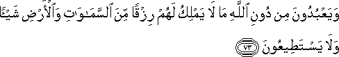 وَيَعْبُدُونَ مِنْ دُونِ اللَّهِ مَا لَا يَمْلِكُ لَهُمْ رِزْقًا مِنَ السَّمَاوَاتِ وَالْأَرْضِ شَيْئًا وَلَا يَسْتَطِيعُونَ