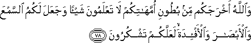 وَاللَّهُ أَخْرَجَكُمْ مِنْ بُطُونِ أُمَّهَاتِكُمْ لَا تَعْلَمُونَ شَيْئًا وَجَعَلَ لَكُمُ السَّمْعَ وَالْأَبْصَارَ وَالْأَفْئِدَةَ ۙ لَعَلَّكُمْ تَشْكُرُونَ