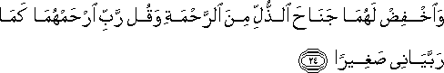 وَاخْفِضْ لَهُمَا جَنَاحَ الذُّلِّ مِنَ الرَّحْمَةِ وَقُلْ رَبِّ ارْحَمْهُمَا كَمَا رَبَّيَانِي صَغِيرًا