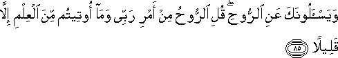 وَيَسْأَلُونَكَ عَنِ الرُّوحِ ۖ قُلِ الرُّوحُ مِنْ أَمْرِ رَبِّي وَمَا أُوتِيتُمْ مِنَ الْعِلْمِ إِلَّا قَلِيلًا