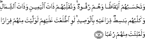 وَتَحْسَبُهُمْ أَيْقَاظًا وَهُمْ رُقُودٌ ۚ وَنُقَلِّبُهُمْ ذَاتَ الْيَمِينِ وَذَاتَ الشِّمَالِ ۖ وَكَلْبُهُمْ بَاسِطٌ ذِرَاعَيْهِ بِالْوَصِيدِ ۚ لَوِ اطَّلَعْتَ عَلَيْهِمْ لَوَلَّيْتَ مِنْهُمْ فِرَارًا وَلَمُلِئْتَ مِنْهُمْ رُعْبًا