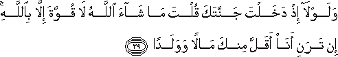 وَلَوْلَا إِذْ دَخَلْتَ جَنَّتَكَ قُلْتَ مَا شَاءَ اللَّهُ لَا قُوَّةَ إِلَّا بِاللَّهِ ۚ إِنْ تَرَنِ أَنَا أَقَلَّ مِنْكَ مَالًا وَوَلَدًا