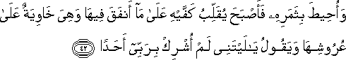 وَأُحِيطَ بِثَمَرِهِ فَأَصْبَحَ يُقَلِّبُ كَفَّيْهِ عَلَىٰ مَا أَنْفَقَ فِيهَا وَهِيَ خَاوِيَةٌ عَلَىٰ عُرُوشِهَا وَيَقُولُ يَا لَيْتَنِي لَمْ أُشْرِكْ بِرَبِّي أَحَدًا