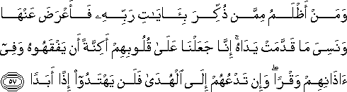 وَمَنْ أَظْلَمُ مِمَّنْ ذُكِّرَ بِآيَاتِ رَبِّهِ فَأَعْرَضَ عَنْهَا وَنَسِيَ مَا قَدَّمَتْ يَدَاهُ ۚ إِنَّا جَعَلْنَا عَلَىٰ قُلُوبِهِمْ أَكِنَّةً أَنْ يَفْقَهُوهُ وَفِي آذَانِهِمْ وَقْرًا ۖ وَإِنْ تَدْعُهُمْ إِلَى الْهُدَىٰ فَلَنْ يَهْتَدُوا إِذًا أَبَدًا