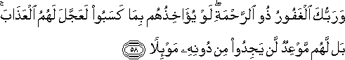 وَرَبُّكَ الْغَفُورُ ذُو الرَّحْمَةِ ۖ لَوْ يُؤَاخِذُهُمْ بِمَا كَسَبُوا لَعَجَّلَ لَهُمُ الْعَذَابَ ۚ بَلْ لَهُمْ مَوْعِدٌ لَنْ يَجِدُوا مِنْ دُونِهِ مَوْئِلًا