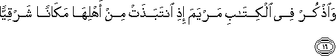 وَاذْكُرْ فِي الْكِتَابِ مَرْيَمَ إِذِ انْتَبَذَتْ مِنْ أَهْلِهَا مَكَانًا شَرْقِيًّا