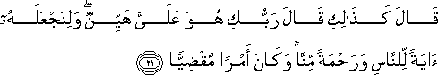 قَالَ كَذَٰلِكِ قَالَ رَبُّكِ هُوَ عَلَيَّ هَيِّنٌ ۖ وَلِنَجْعَلَهُ آيَةً لِلنَّاسِ وَرَحْمَةً مِنَّا ۚ وَكَانَ أَمْرًا مَقْضِيًّا