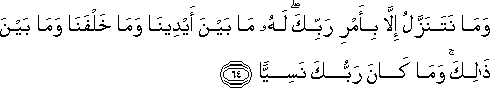 وَمَا نَتَنَزَّلُ إِلَّا بِأَمْرِ رَبِّكَ ۖ لَهُ مَا بَيْنَ أَيْدِينَا وَمَا خَلْفَنَا وَمَا بَيْنَ ذَٰلِكَ ۚ وَمَا كَانَ رَبُّكَ نَسِيًّا