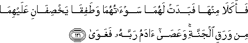 فَأَكَلَا مِنْهَا فَبَدَتْ لَهُمَا سَوْآتُهُمَا وَطَفِقَا يَخْصِفَانِ عَلَيْهِمَا مِنْ وَرَقِ الْجَنَّةِ ۚ وَعَصَىٰ آدَمُ رَبَّهُ فَغَوَىٰ