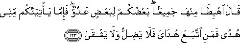 قَالَ اهْبِطَا مِنْهَا جَمِيعًا ۖ بَعْضُكُمْ لِبَعْضٍ عَدُوٌّ ۖ فَإِمَّا يَأْتِيَنَّكُمْ مِنِّي هُدًى فَمَنِ اتَّبَعَ هُدَايَ فَلَا يَضِلُّ وَلَا يَشْقَىٰ