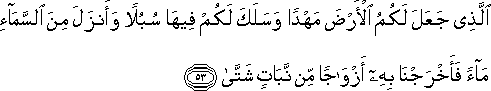 الَّذِي جَعَلَ لَكُمُ الْأَرْضَ مَهْدًا وَسَلَكَ لَكُمْ فِيهَا سُبُلًا وَأَنْزَلَ مِنَ السَّمَاءِ مَاءً فَأَخْرَجْنَا بِهِ أَزْوَاجًا مِنْ نَبَاتٍ شَتَّىٰ