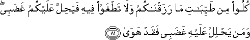 كُلُوا مِنْ طَيِّبَاتِ مَا رَزَقْنَاكُمْ وَلَا تَطْغَوْا فِيهِ فَيَحِلَّ عَلَيْكُمْ غَضَبِي ۖ وَمَنْ يَحْلِلْ عَلَيْهِ غَضَبِي فَقَدْ هَوَىٰ