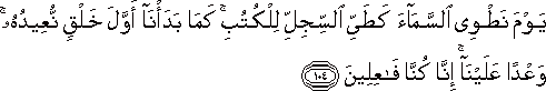 يَوْمَ نَطْوِي السَّمَاءَ كَطَيِّ السِّجِلِّ لِلْكُتُبِ ۚ كَمَا بَدَأْنَا أَوَّلَ خَلْقٍ نُعِيدُهُ ۚ وَعْدًا عَلَيْنَا ۚ إِنَّا كُنَّا فَاعِلِينَ يَوْمَ نَطْوِي السَّمَاءَ كَطَيِّ السِّجِلِّ لِلْكُتُبِ ۚ كَمَا بَدَأْنَا أَوَّلَ خَلْقٍ نُعِيدُهُ ۚ وَعْدًا عَلَيْنَا ۚ إِنَّا كُنَّا فَاعِلِينَ