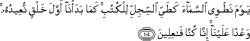 يَوْمَ نَطْوِي السَّمَاءَ كَطَيِّ السِّجِلِّ لِلْكُتُبِ ۚ كَمَا بَدَأْنَا أَوَّلَ خَلْقٍ نُعِيدُهُ ۚ وَعْدًا عَلَيْنَا ۚ إِنَّا كُنَّا فَاعِلِينَ